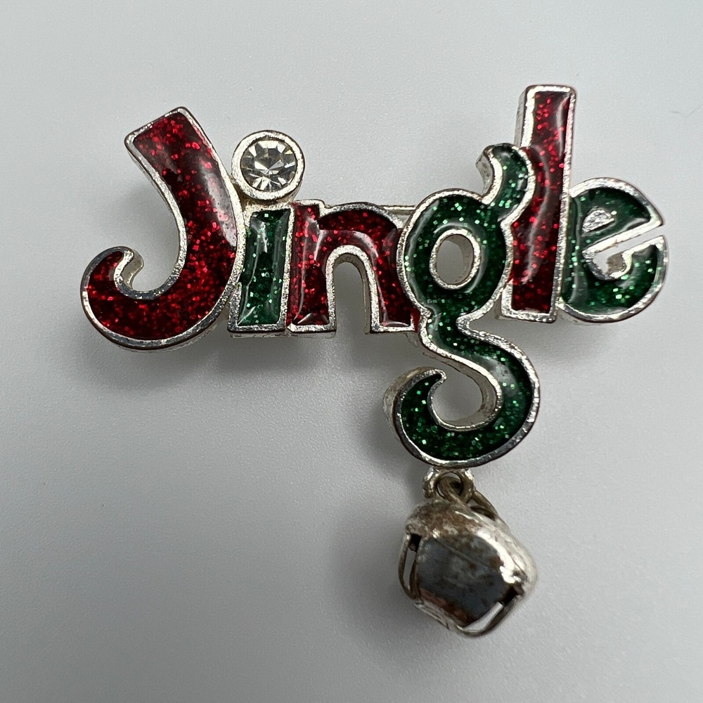 Tanyas Creations Christmas Brooch Jingle Green Red Enamel Silver Tone Bell